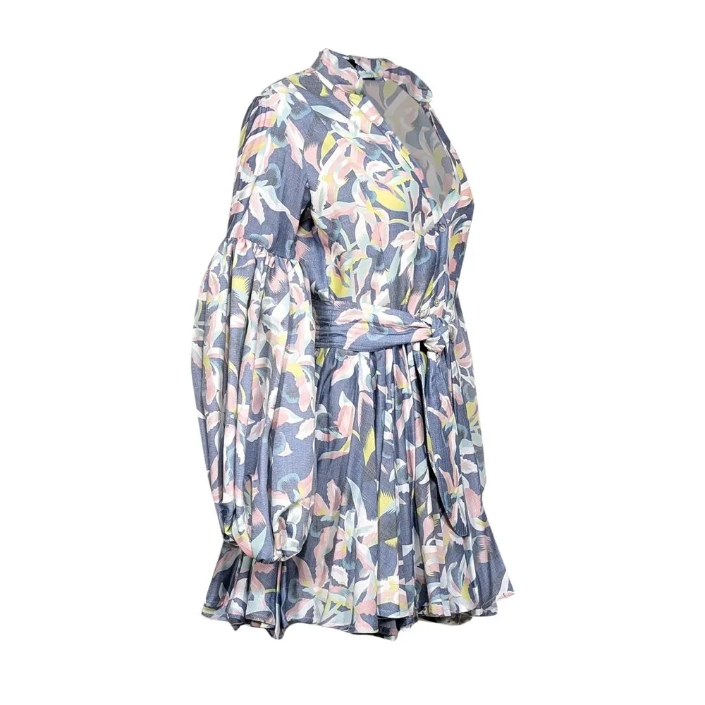 No Pise La Grama - Blue w/ Pastel Orchid Print Linen Blend Mini Dress Sz 10